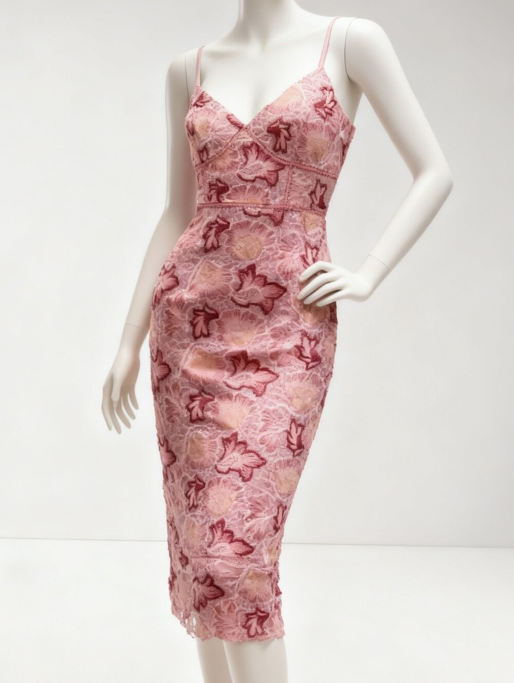 Just Me Dusty Rose Floral Lace Midi Dress with Gold Accents